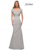 Picture of: Lovely Ruched Mermaid Satin Gown with Unique Neckline in Silver, Detail Picture 1