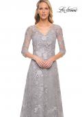 Picture of: Long Lace Evening Dress with V Neckline and Sleeves in Silver, Style: 29989, Detail Picture 1