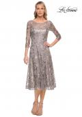 Picture of: Lace Metallic Tea Length Dress with Three-Quarter Sleeves in Silver, Style: 29993, Detail Picture 1