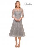 Picture of: Lace Tea Length Dress with Flare Skirt and High Neckline in Silver, Style: 30002, Detail Picture 1