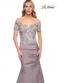 Picture of: Off the Shoulder Satin and Lace Beaded Mermaid Gown in Silver, Style: 30045, Detail Picture 1