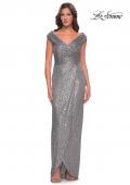 Picture of: Sequin Long Evening Dress with Ruching and V Neck in Silver, Style: 30326, Detail Picture 1