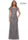 Picture of: Long Lace Evening Dress with Sheer Cap Sleeves in SIlver, Style: 27856, Detail Picture 2
