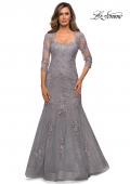 Picture of: Long Lace Mermaid Gown with Square Neckline in Silver, Style: 28033, Detail Picture 2