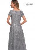 Picture of: Long Lace Mother of the Bride Gown with V Neckline in Silver, Detail Picture 2