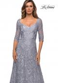 Picture of: Embroidered Lace Gown with V Neckline and Flare Skirt in Silver, Style: 27949, Detail Picture 3
