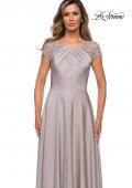 Picture of: Long Satin Dress with Sheer Floral Lace Cap Sleeves in Silver, Style: 28100, Detail Picture 3