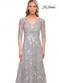 Picture of: Long Lace Evening Dress with V Neckline and Sleeves in Silver, Style: 29989, Detail Picture 3