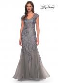Picture of: Lace and Tulle Mermaid Gown with Cap Sleeves in Silver, Style: 30269, Detail Picture 3