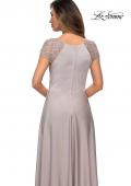 Picture of: Long Satin Dress with Sheer Floral Lace Cap Sleeves in Silver, Style: 28100, Detail Picture 4
