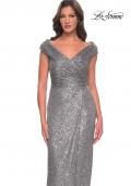 Picture of: Sequin Long Evening Dress with Ruching and V Neck in Silver, Style: 30326, Detail Picture 5