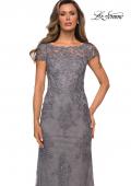 Picture of: Long Lace Evening Dress with Sheer Cap Sleeves in SIlver, Style: 27856, Detail Picture 6