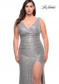 Picture of: Stretch Sequin Plus Size Gown with Slit and V Neck in Silver, Style: 30307, Main Picture