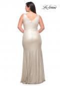 Picture of: Metallic Jersey Plus Gown with Slit and V Neckline in Silver, Style: 30267, Back Picture