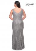 Picture of: Stretch Sequin Plus Size Gown with Slit and V Neck in Silver, Style: 30307, Back Picture