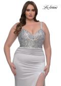 Picture of: Stretch Satin Plus Dress with Beautiful Rhinestone Designed Bodice in Silver , Style: 32430, Detail Picture 1