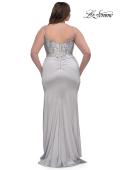 Picture of: Stretch Satin Plus Dress with Beautiful Rhinestone Designed Bodice in Silver , Style: 32430, Detail Picture 2