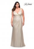 Picture of: Metallic Jersey Plus Gown with Slit and V Neckline in Silver, Style: 30267, Detail Picture 3