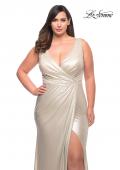 Picture of: Metallic Jersey Plus Gown with Slit and V Neckline in Silver, Style: 30267, Detail Picture 5