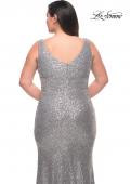 Picture of: Stretch Sequin Plus Size Gown with Slit and V Neck in Silver, Style: 30307, Detail Picture 5