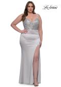 Picture of: Stretch Satin Plus Dress with Beautiful Rhinestone Designed Bodice in Silver , Style: 32430, Detail Picture 5