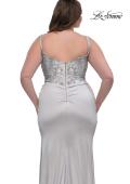 Picture of: Stretch Satin Plus Dress with Beautiful Rhinestone Designed Bodice in Silver , Style: 32430, Detail Picture 6