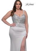 Picture of: Stretch Satin Plus Dress with Beautiful Rhinestone Designed Bodice in Silver , Style: 32430, Detail Picture 7