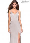 Picture of: Form Fitting Prom Dress with Slit and Beaded Straps in SIlver, Style: 27519, Main Picture