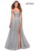 Picture of: Long Tulle Ball Gown with Beaded Bodice and Slit in Silver, Style: 28530, Main Picture
