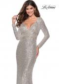 Picture of: Long Sleeve Sequin Gown with Open Back Detail in SIlver, Style: 28743, Main Picture