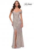 Picture of: Off the Shoulder Ruched Sequin Dress with Slit in Silver, Style 29831, Main Picture