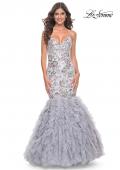 Picture of: Mermaid Beaded Floral Gown with Ruffle Detailed Skirt in Silver, Style: 32105, Main Picture