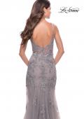 Picture of: Lace Long Dress with High Side Slit and V Neckline in Silver, Style: 31126, Detail Picture 8
