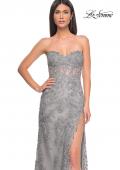 Picture of: Embroidered Lace Fitted Prom Dress with Lace Edge Slit in Silver, Style: 32013, Detail Picture 8