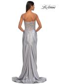 Picture of: Ruched Satin Evening Dress with Sheer Lace Top and Scallop Neckline in Silver, Style: 32689, Detail Picture 8
