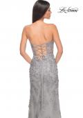 Picture of: Embroidered Lace Fitted Prom Dress with Lace Edge Slit in Silver, Style: 32013, Detail Picture 9