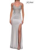 Picture of: Rhinestone Lace Bodice Gown with Slit and Lace-Up Back in Silver, Style: 33498, Detail Picture 9