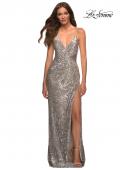 Picture of: Draped Slit Long Sequin Gown with Lace Up Back in Silver, Detail Picture 10