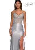 Picture of: Ruched Satin Evening Dress with Sheer Lace Top and Scallop Neckline in Silver, Style: 32689, Detail Picture 17