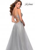 Picture of: Long Tulle Ball Gown with Beaded Bodice and Slit in Silver, Style: 28530, Back Picture