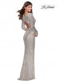 Picture of: Long Sleeve Sequin Gown with Open Back Detail in Silver, Style: 28743, Back Picture