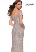 Picture of: Off the Shoulder Ruched Sequin Dress with Slit in Silver, Style 29831, Back Picture