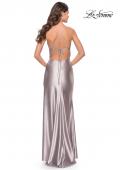 Picture of: Fitted Liquid Jersey Dress with High Slit and Open Back in Silver, Style: 31208, Back Picture