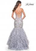 Picture of: Mermaid Beaded Floral Gown with Ruffle Detailed Skirt in Silver, Style: 32105, Back Picture