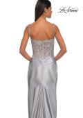 Picture of: Ruched Satin Evening Dress with Sheer Lace Top and Scallop Neckline in Silver, Style: 32689, Detail Picture 18