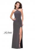 Picture of: Long Sparkly Dress with High Neckline and Side Slit in Silver, Style: 25346, Detail Picture 1