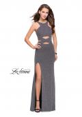 Picture of: Long Jersey Prom Dress with Cut Outs and Low Scoop Back in Silver, Style: 25422, Detail Picture 1