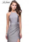 Picture of: High Neck Long Form Fitting Gown with Ruching in Silver, Style: 26141, Detail Picture 1