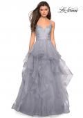 Picture of: Floor Length Tulle Dress with Floral Embellishments in Silver, Style: 27579, Detail Picture 1