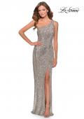 Picture of: Long Sequin One Shoulder Ruched Prom Dress in Silver, Style: 28401, Detail Picture 1